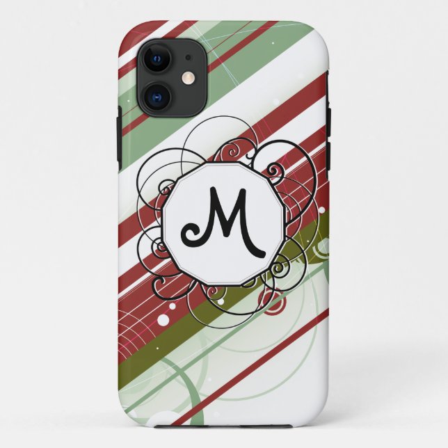 Green and Wine Modern-Retro Stripes with Monogram Case-Mate iPhone Case (Back)