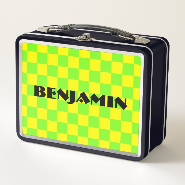 Green and Yellow 90s Checkerboard Design Metal Lunch Box (Front)