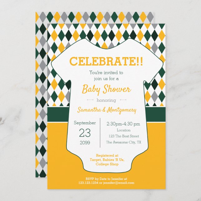 Green and Yellow Argyle Patterned Baby Shower Invitation (Front/Back)
