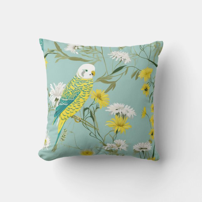 Green and Yellow Budgerigar Throw Pillow (Front)