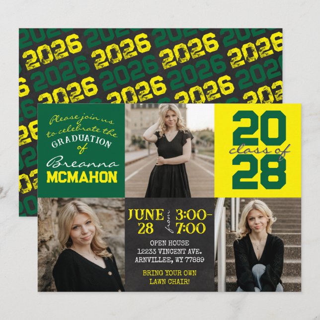 Green and Yellow Chalkboard 3 Photo Graduation Invitation (Front/Back)