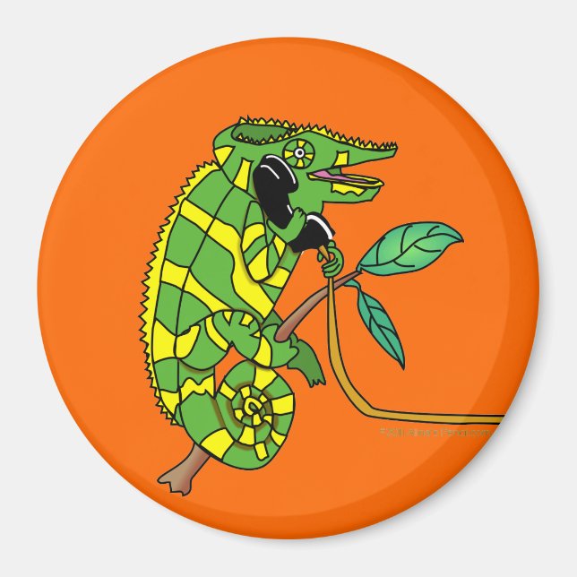 Green and Yellow Cute Cartoon Chameleon Talking Magnet (Front)