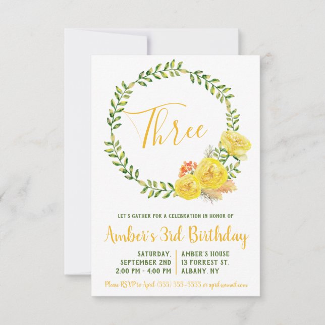 Green and Yellow Floral Wreath Birthday Invitation (Front)
