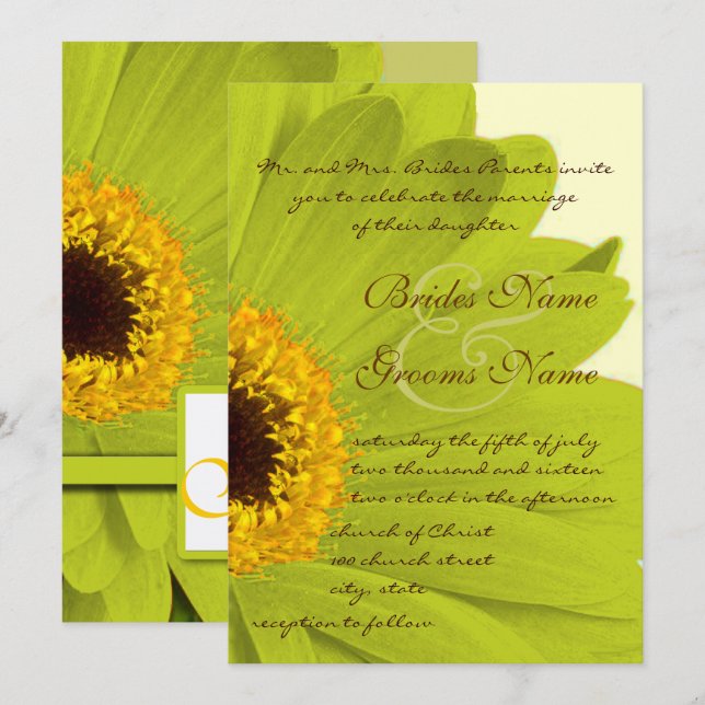 Green and Yellow Gerber Daisy Wedding Invitation (Front/Back)