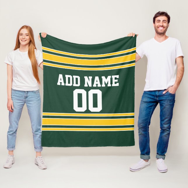Green and Yellow Gold Striped Custom Sports Fleece Blanket (In Situ)
