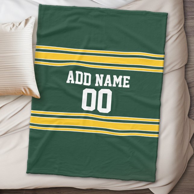 Green and Yellow Gold Striped Personalized Sports Fleece Blanket (Personalized fleece blanket - Sports Theme)
