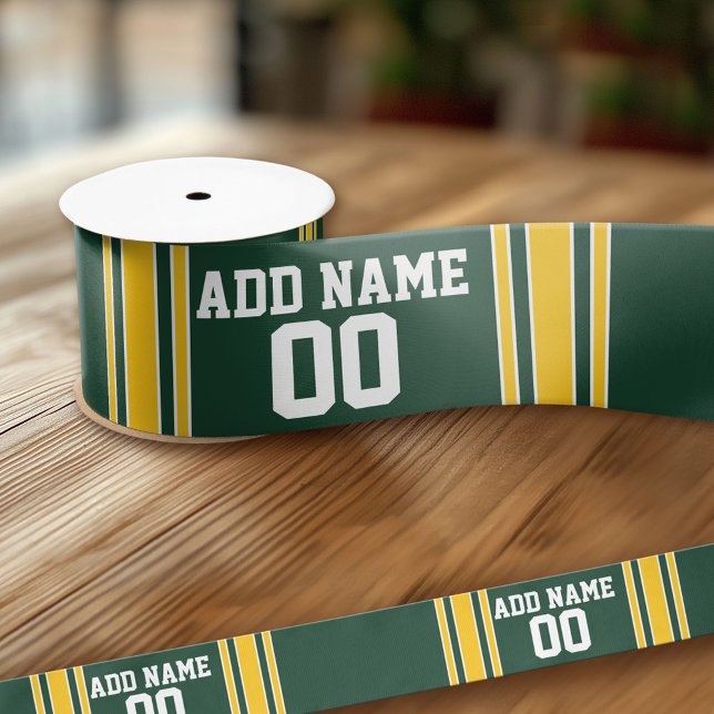 Green and Yellow Gold Striped Personalized Sports Satin Ribbon (Custom Ribbon - Personalize with your text)