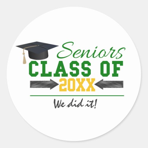 Green and Yellow Graduation Gear Classic Round Sticker