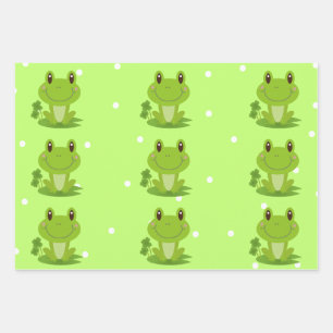 Green And Yellow Happy Frog White Polka Dot Wrapping Paper Sheets