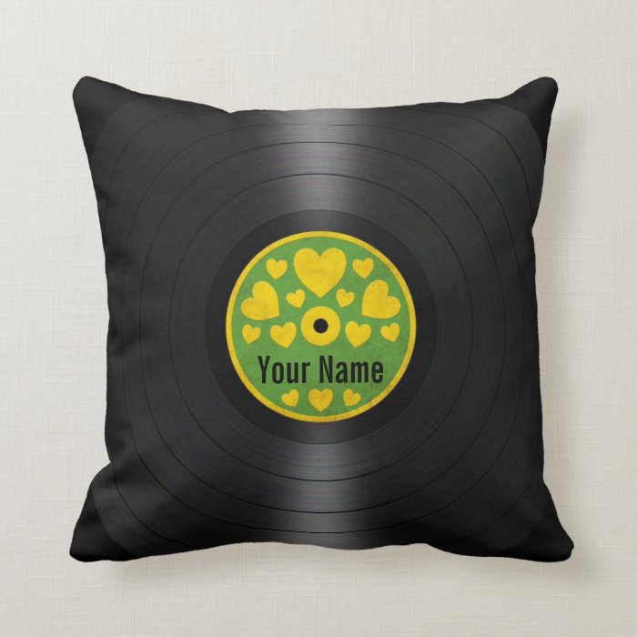 Green and Yellow Hearts Personalized Vinyl Record Throw Pillow