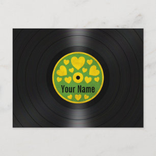Green and Yellow Hearts Personalized Vinyl Record Postcard