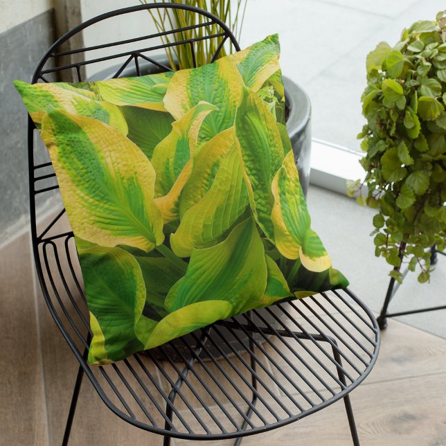 Green and Yellow Hosta Leaves Floral Outdoor Pillow (In Situ Patio)