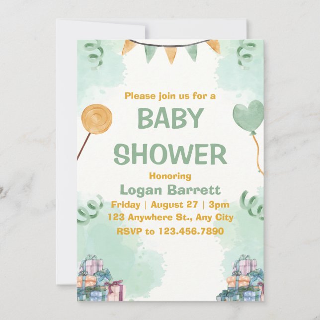 Green and Yellow Illustrative Cute Baby Shower Invitation (Front)