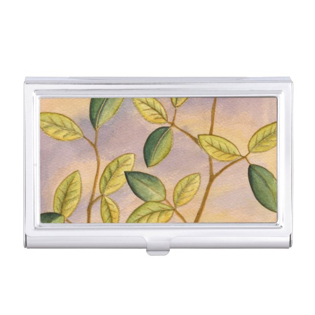 Green and Yellow Leaves on Sunset Background Business Card Case (Front)