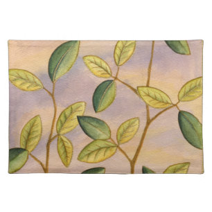 Green and Yellow Leaves on Sunset Background Cloth Placemat