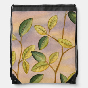 Green and Yellow Leaves on Sunset Background Drawstring Bag
