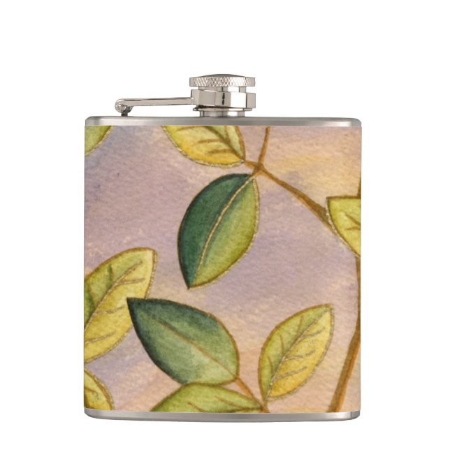 Green and Yellow Leaves on Sunset Background Flask (Front)