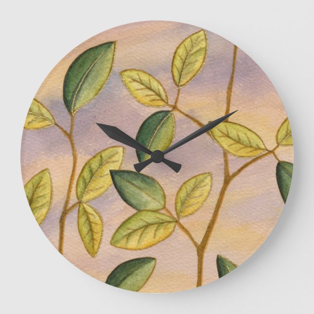 Green and Yellow Leaves on Sunset Background Large Clock (Front)