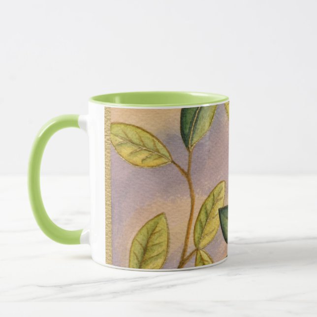 Green and Yellow Leaves on Sunset Background Mug (Left)