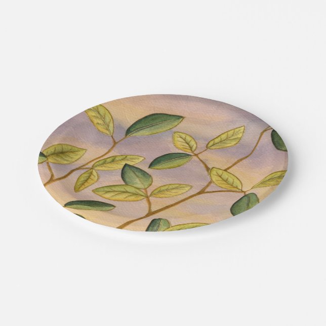 Green and Yellow Leaves on Sunset Background Paper Plates (Angled)