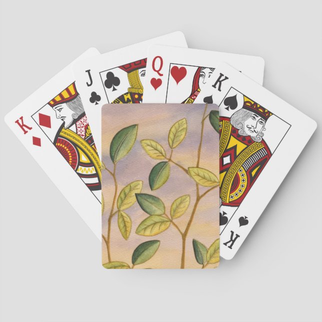 Green and Yellow Leaves on Sunset Background Poker Cards (Back)