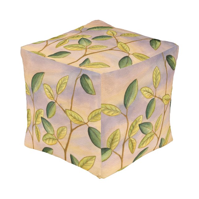 Green and Yellow Leaves on Sunset Background Pouf (Angled Front)