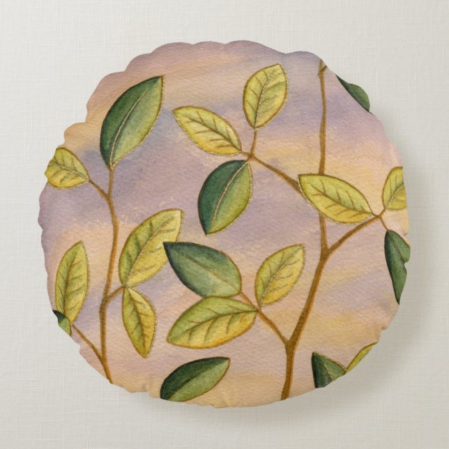 Green and Yellow Leaves on Sunset Background Round Pillow (Front)