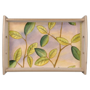 Green and Yellow Leaves on Sunset Background Serving Tray