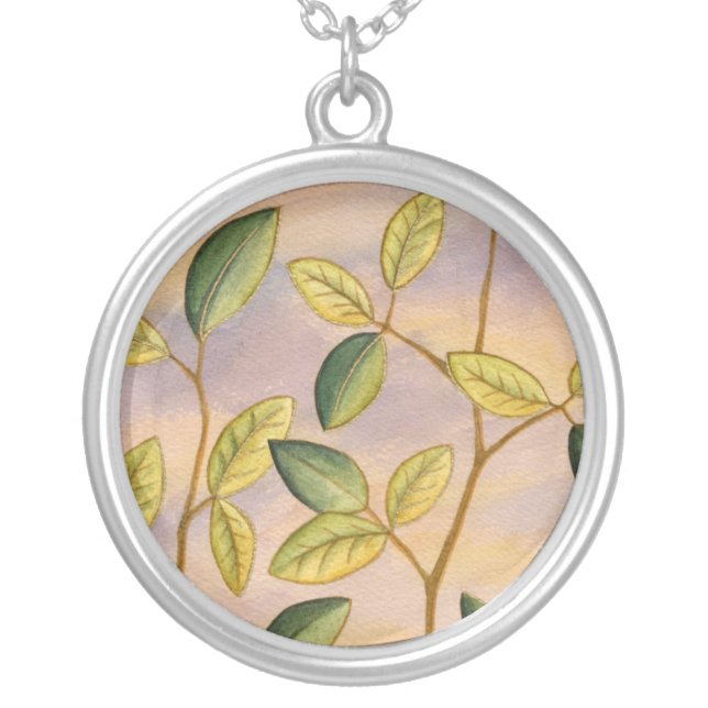 Green and Yellow Leaves on Sunset Background Silver Plated Necklace (Front)