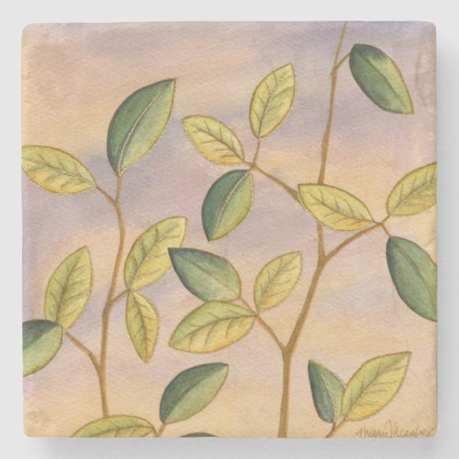 Green and Yellow Leaves on Sunset Background Stone Coaster (Front)