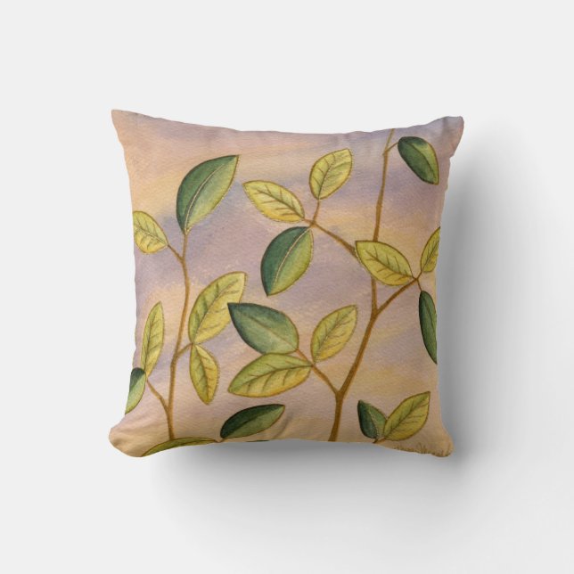 Green and Yellow Leaves on Sunset Background Throw Pillow (Front)