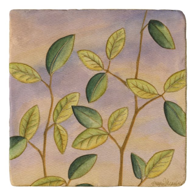 Green and Yellow Leaves on Sunset Background Trivet (Front)