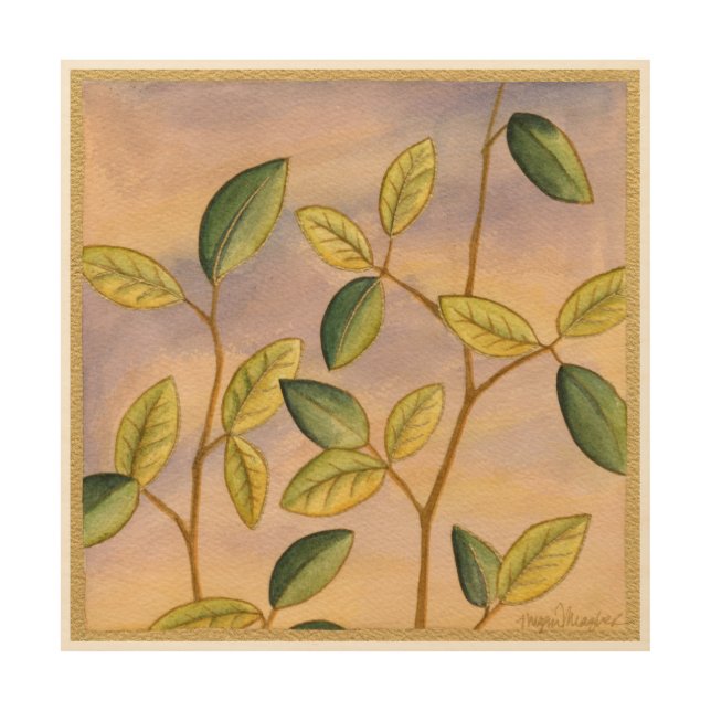 Green and Yellow Leaves on Sunset Background Wood Wall Art (Front)
