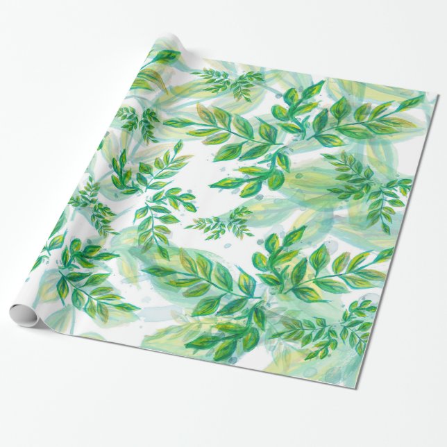 Green And Yellow Leaves Wrapping Paper (Unrolled)