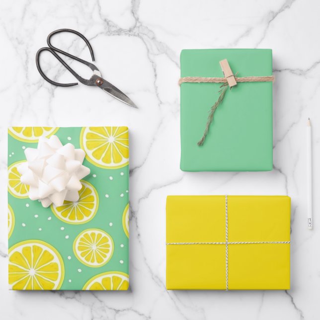 Green and Yellow Lemon Pattern Wrapping Paper Sheets (Front)
