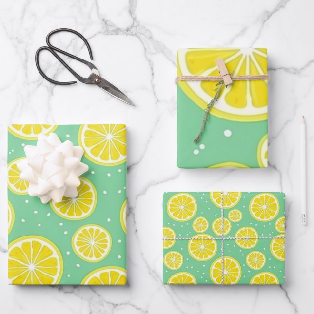 Green and Yellow Lemon Pattern Wrapping Paper Sheets (Front)