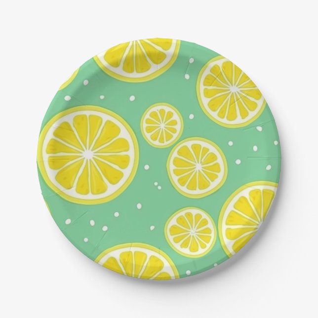 Green and Yellow Lemon Slice Pattern Paper Plates (Front)