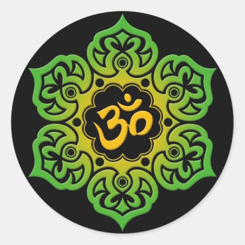 Green and Yellow Lotus Flower Om on Black Classic Round Sticker