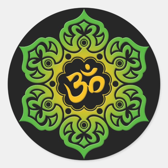 Green and Yellow Lotus Flower Om on Black Classic Round Sticker (Front)