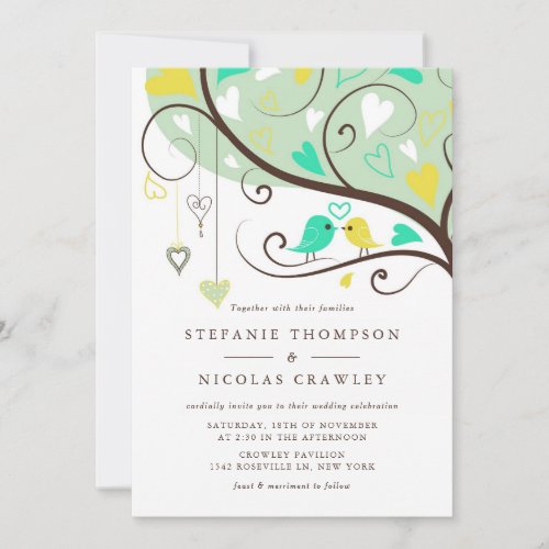 Green and Yellow Love Birds Wedding Invitation