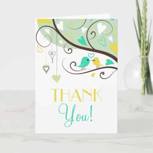 Green and Yellow Love Birds Wedding Thank You Card