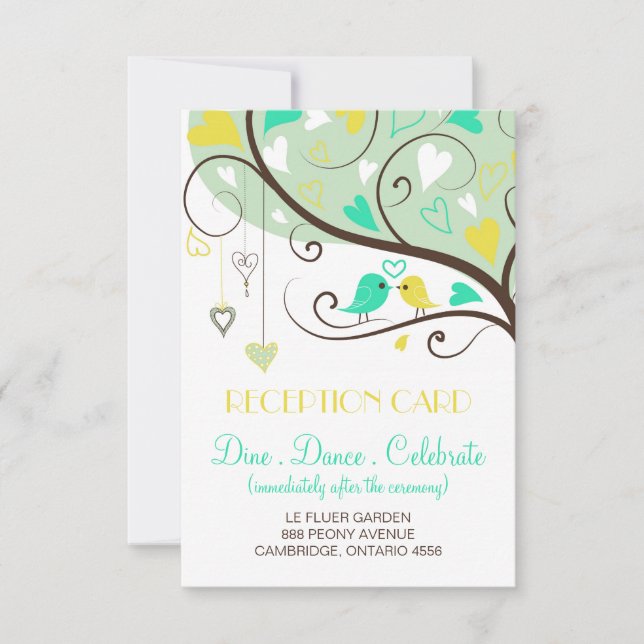 Green and Yellow Lovebirds Wedding Reception Card (Front)