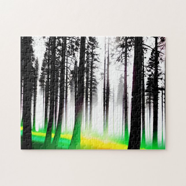 Green and Yellow Mist Enters the Silhouette Forest Jigsaw Puzzle (Horizontal)