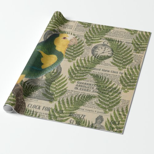 Green and Yellow Parrot on Leaves Wrapping Paper