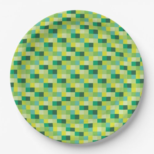 Green and Yellow Pixelated Pattern Paper Plates