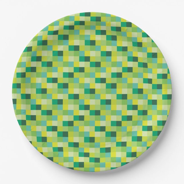 Green and Yellow Pixelated Pattern Paper Plates (Front)