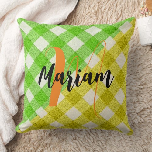 Green And Yellow Plaid Fabric - Name Monogrammed Throw Pillow