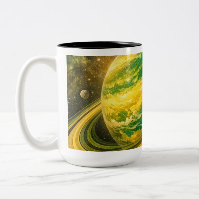 Green and Yellow Planet with Rings Two-Tone Coffee Mug (Left)