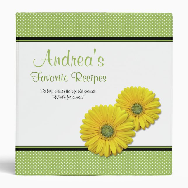 Green and Yellow Polka Dot Daisy Recipe Binder (Front)