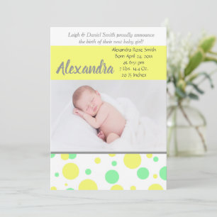 Green and Yellow Polka Dots   Neutral Photo Birth Announcement